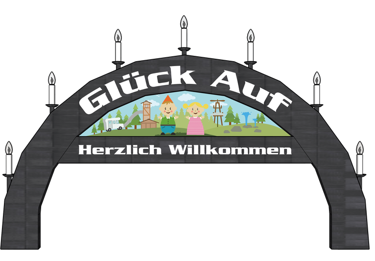 Willkommensschild mit dem Text „Glück Auf – Herzlich Willkommen“, verziert mit einer Illustration von Kindern, Natur, einem Wohnmobil und Spielgeräten, sowie elektrischen Kerzen.