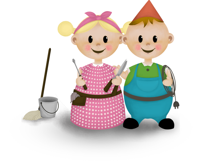 Illustration von zwei fröhlichen Kindern im Handwerker-Outfit; das Mädchen trägt ein rosa gepunktetes Kleid und hält Werkzeuge, das andere Kind trägt eine blaue Latzhose mit grünem Shirt und hält ein Kabel. Links daneben ein Putzeimer mit Wischmopp.