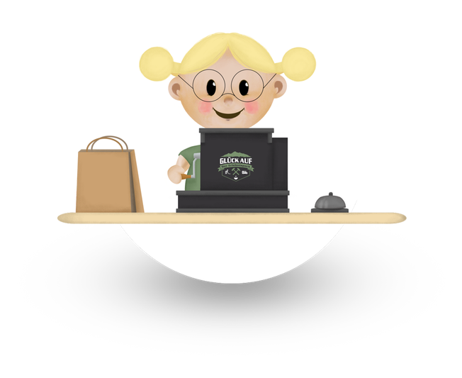 Illustration eines Kindes mit blonden Zöpfen und Brille hinter einer Kasse mit der Aufschrift „GLÜCK AUF“, daneben eine Einkaufstüte und eine Klingel.